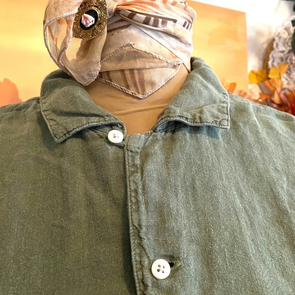 J. Crew 100% Linen Shirt Gorpcore Coastal Casual Mens Large Olive Green pockets